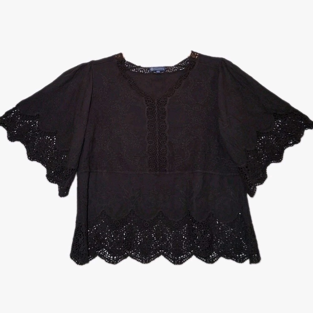 Democracy Black Embroidered Boho Lace Bell Sleeve Blouse Women's Large Coastal